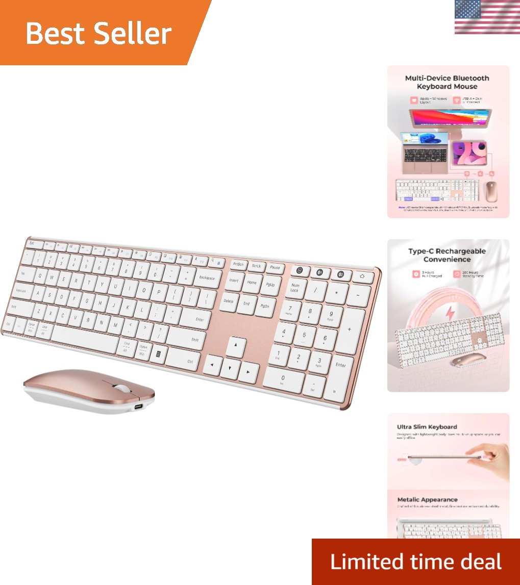 Elegant Wireless Bluetooth Keyboard Mouse Combo for Windows & Mac - 3 Devices
