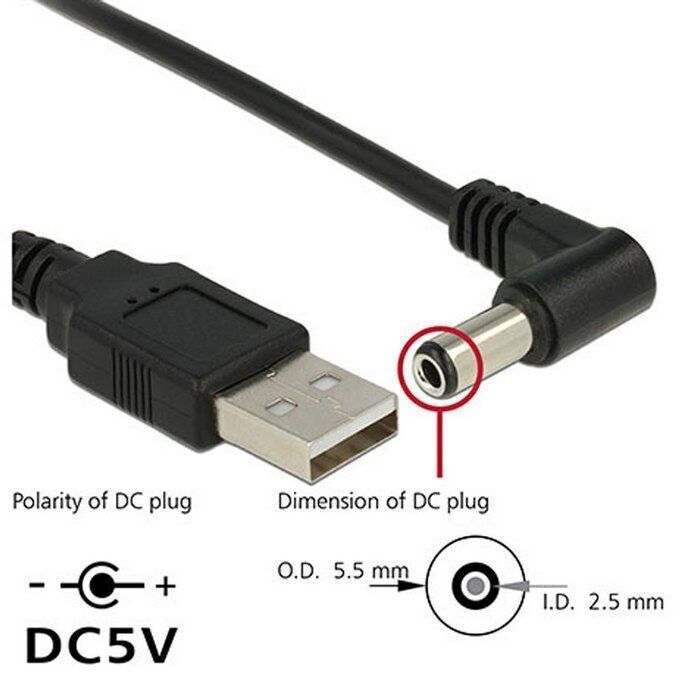 5V 2A USB 2.0 A Type Male to Right Angled 90 5.5 x 2.5mm DC 5V Power Plug Cable