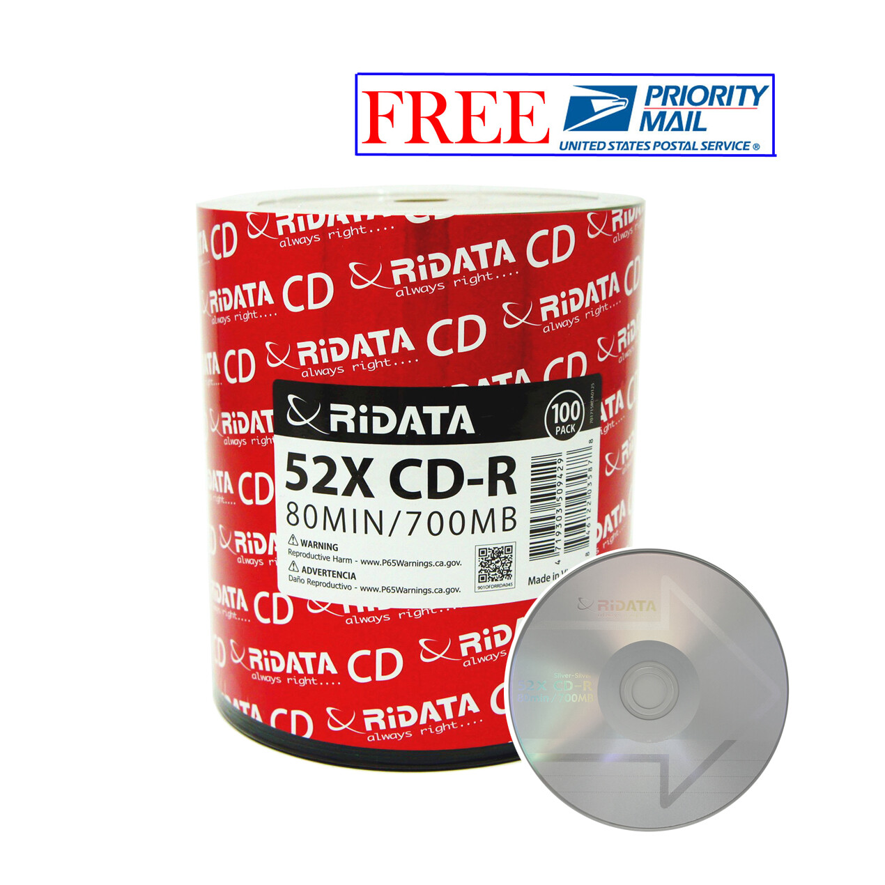 100 Pack Ridata CD-R 52X 700MB/80Min Branded Logo Blank Media Recordable Disc