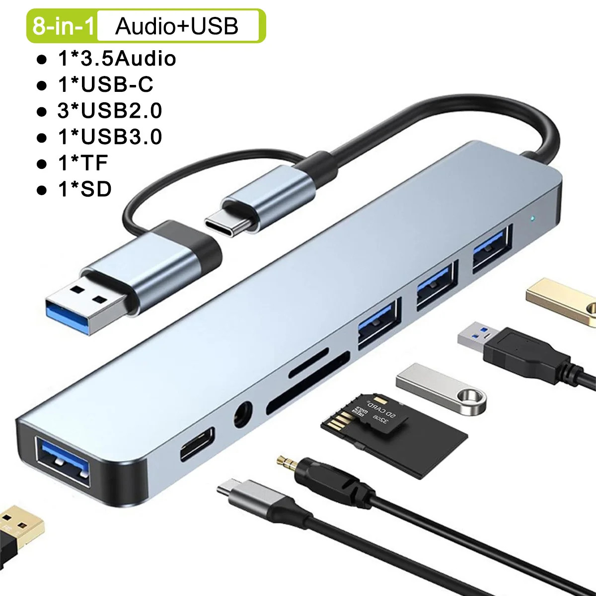 8 in 2 USB C Hub Aluminum Alloy - Dual Interface Type-C USB, 87W PD Charging, 3x