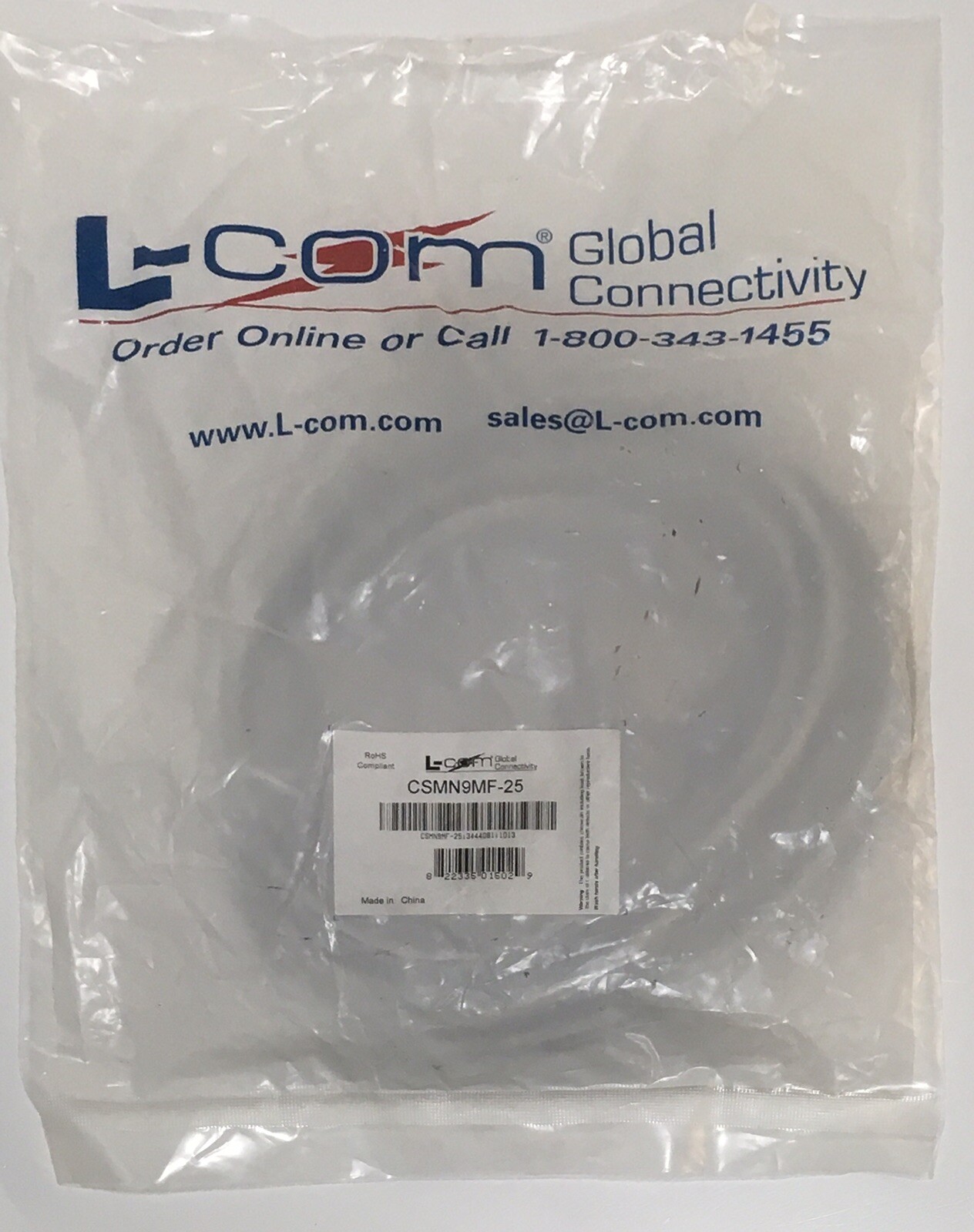 L-Com CSMN9MF-25  D-Sub Cable, Deluxe Molded DB9 Male / Female, 25.0 ft