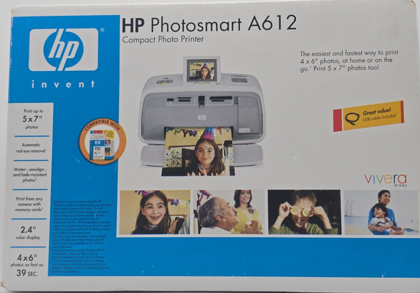 HP Photosmart A612 Portable Inkjet Photo Printer 2.4" LCD BRAND NEW