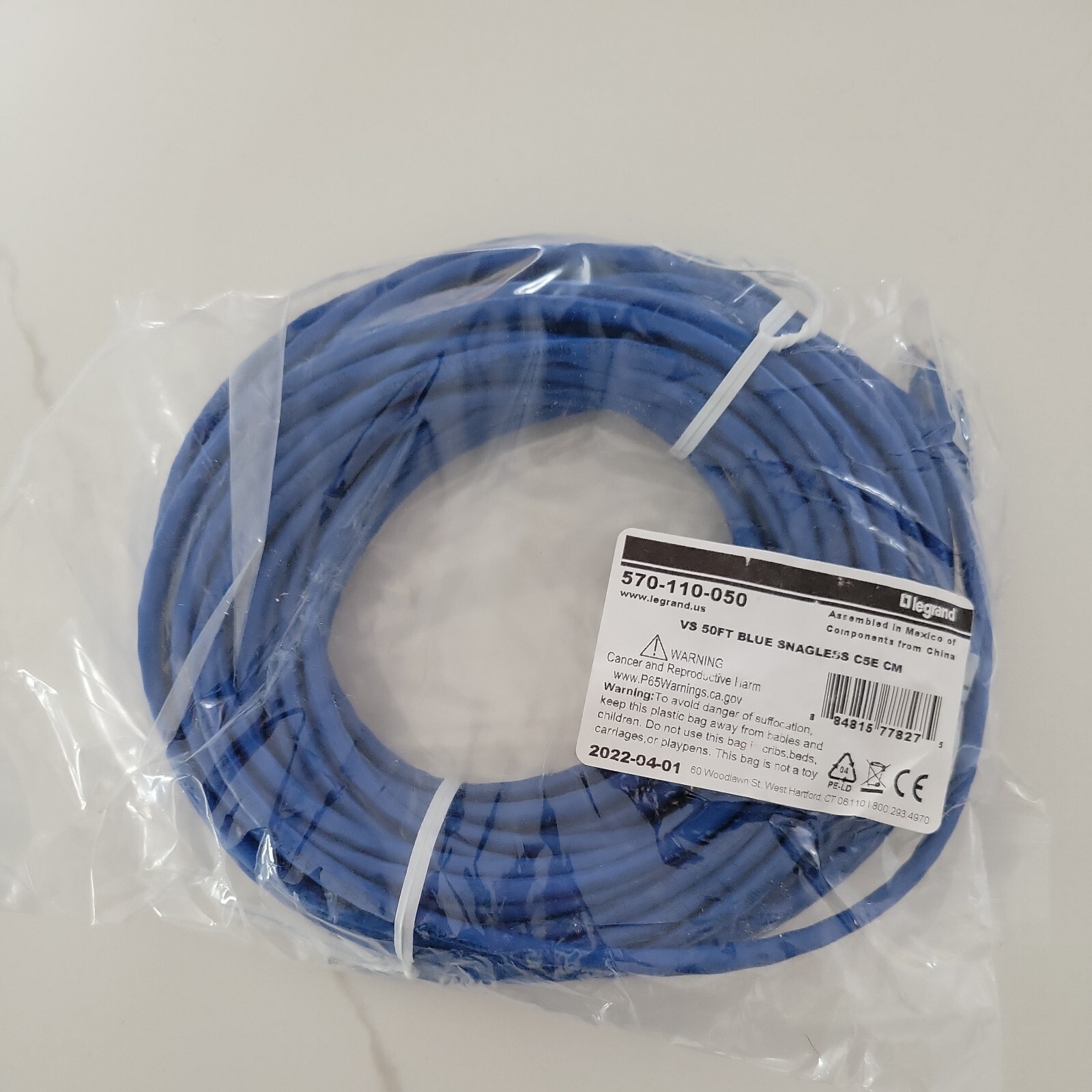 Legrand #570-110-050 VS 50FT BLUE SNAGLESS CAT 5E CM Patch Cable (Lot of 2), NEW