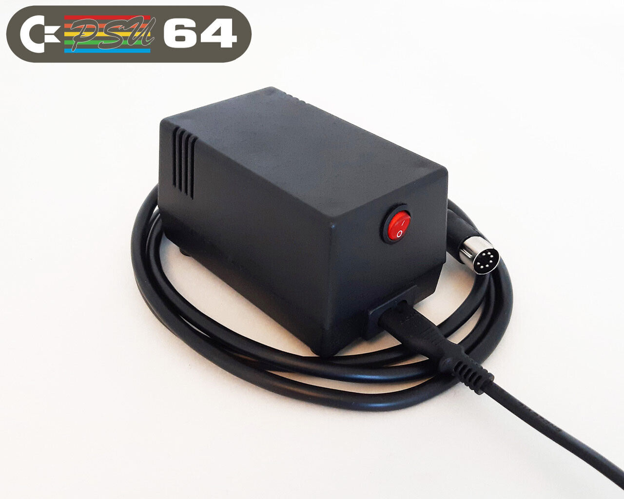 Commodore 64 Power Supply - C64 PSU, (EU 230VAC plug), Black, LED, Power Switch