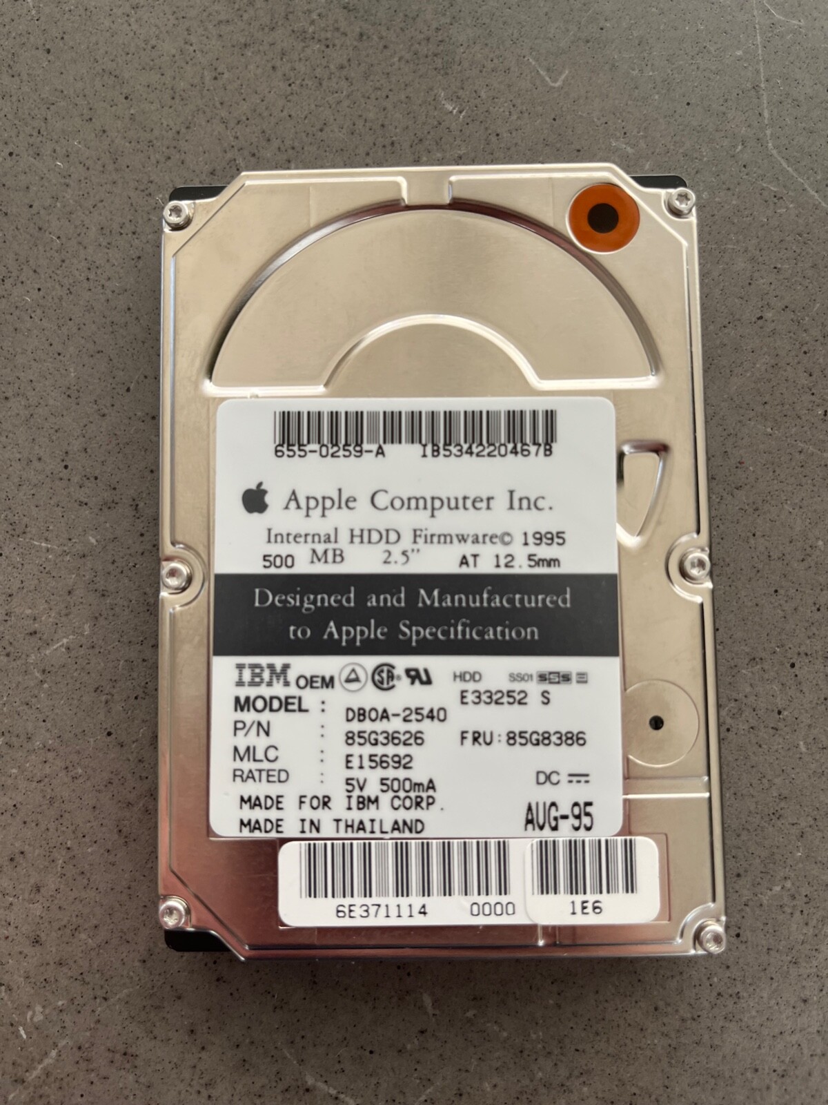 Apple IBM Internal 2.5" Laptop Hard Drive IDE ATA 500 MB - DBOA-2540 655-0259-A
