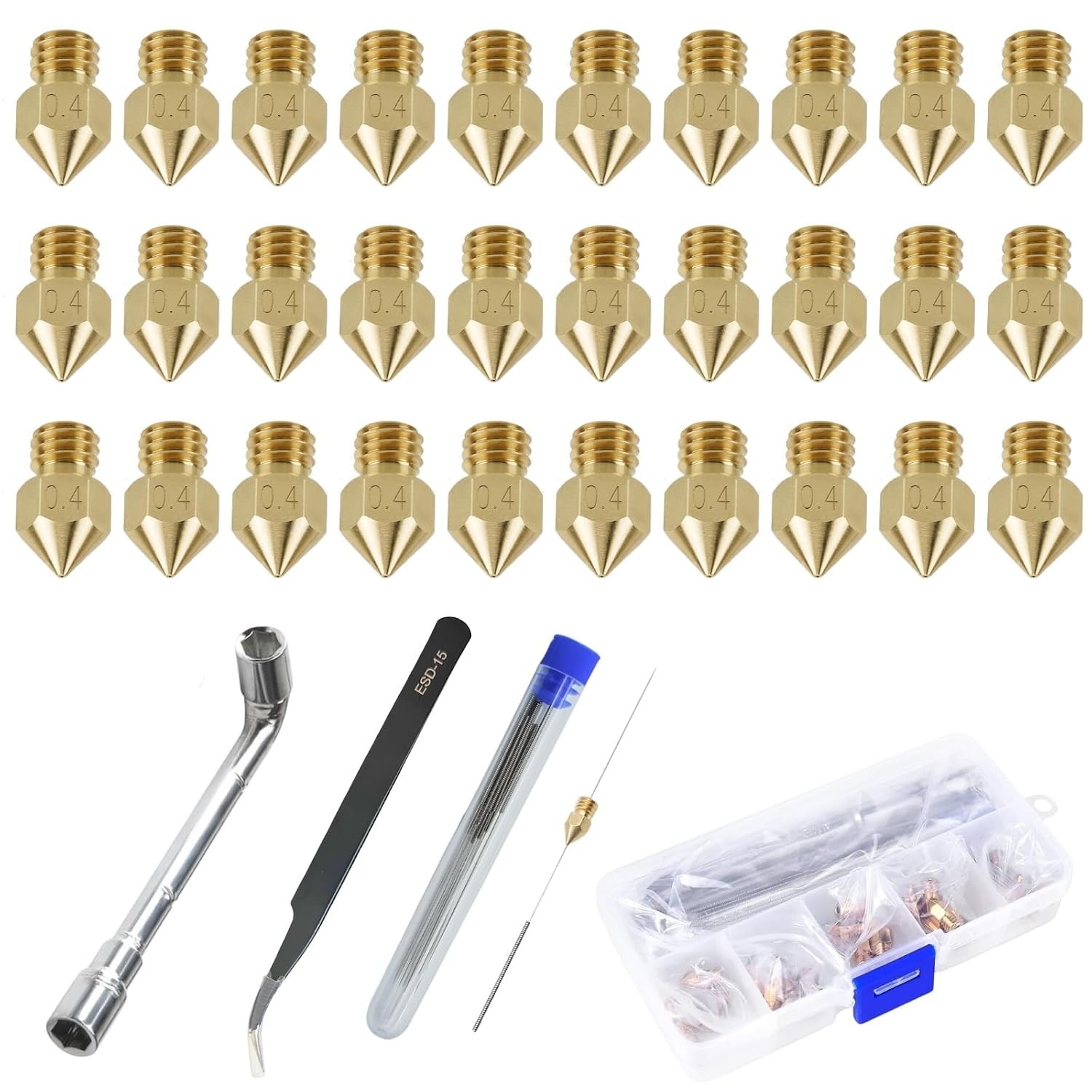 30PCS MK8 Ender 3 V2 Nozzles 0.4MM,3D Printer Brass Nozzles with DIY Tools Box