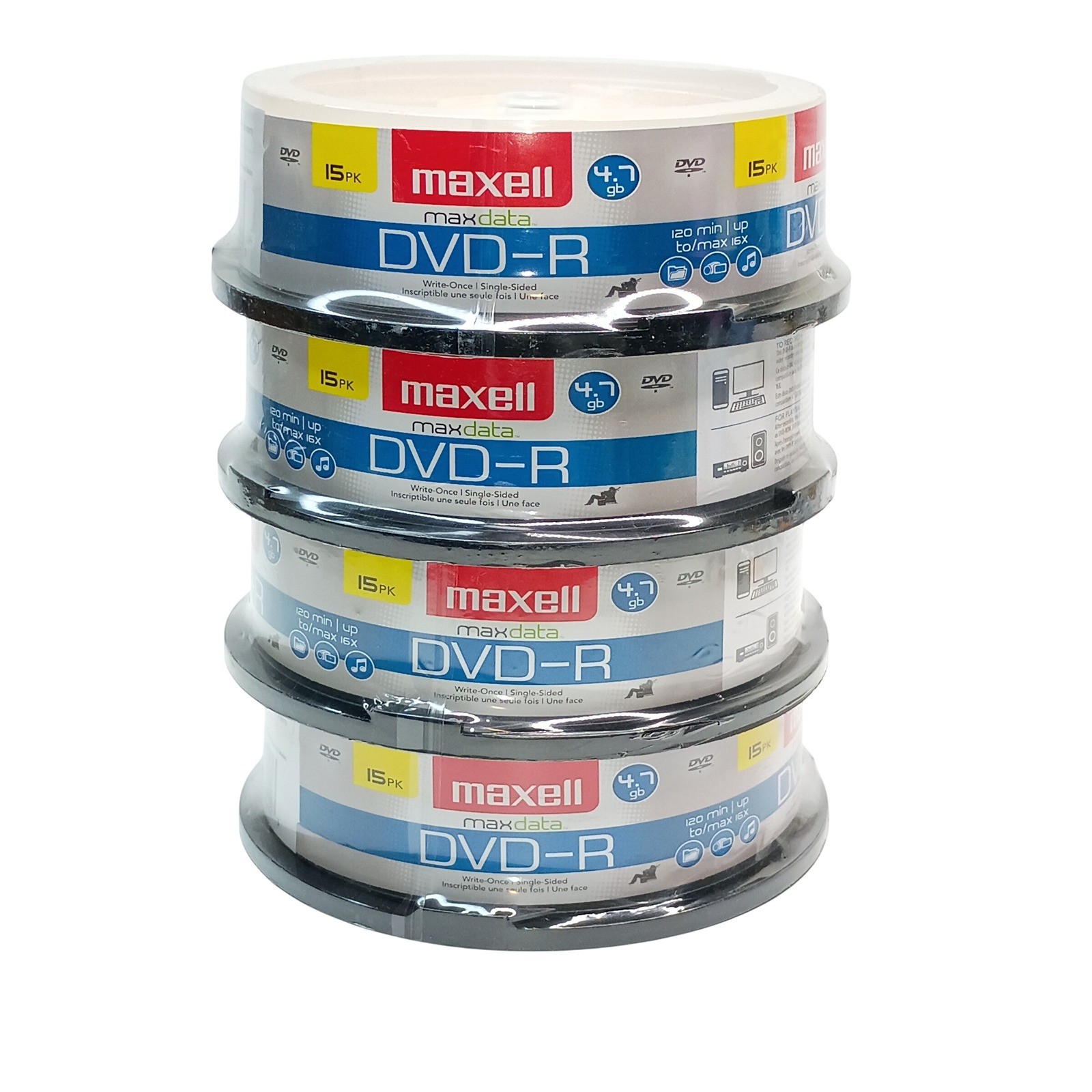 Maxell MaxData DVD-R 60 Count (4x 15pk) 4.7GB 16x Blank Media Discs Spindle Lot
