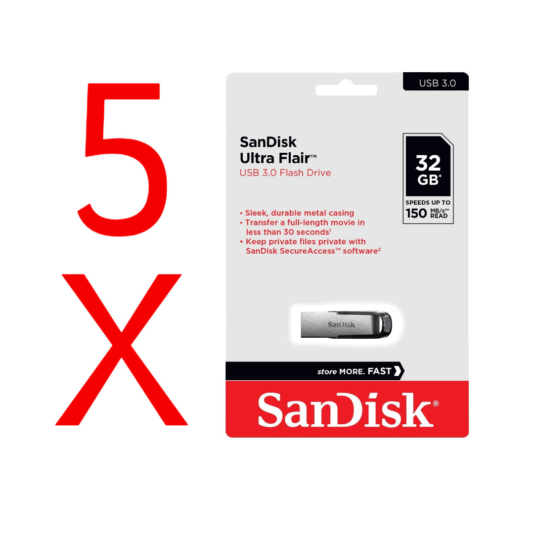 Lot of 5 x SanDisk 32GB Cruzer Ultra Flair USB 3.0 150MB/s Flash Mini Pen Drive