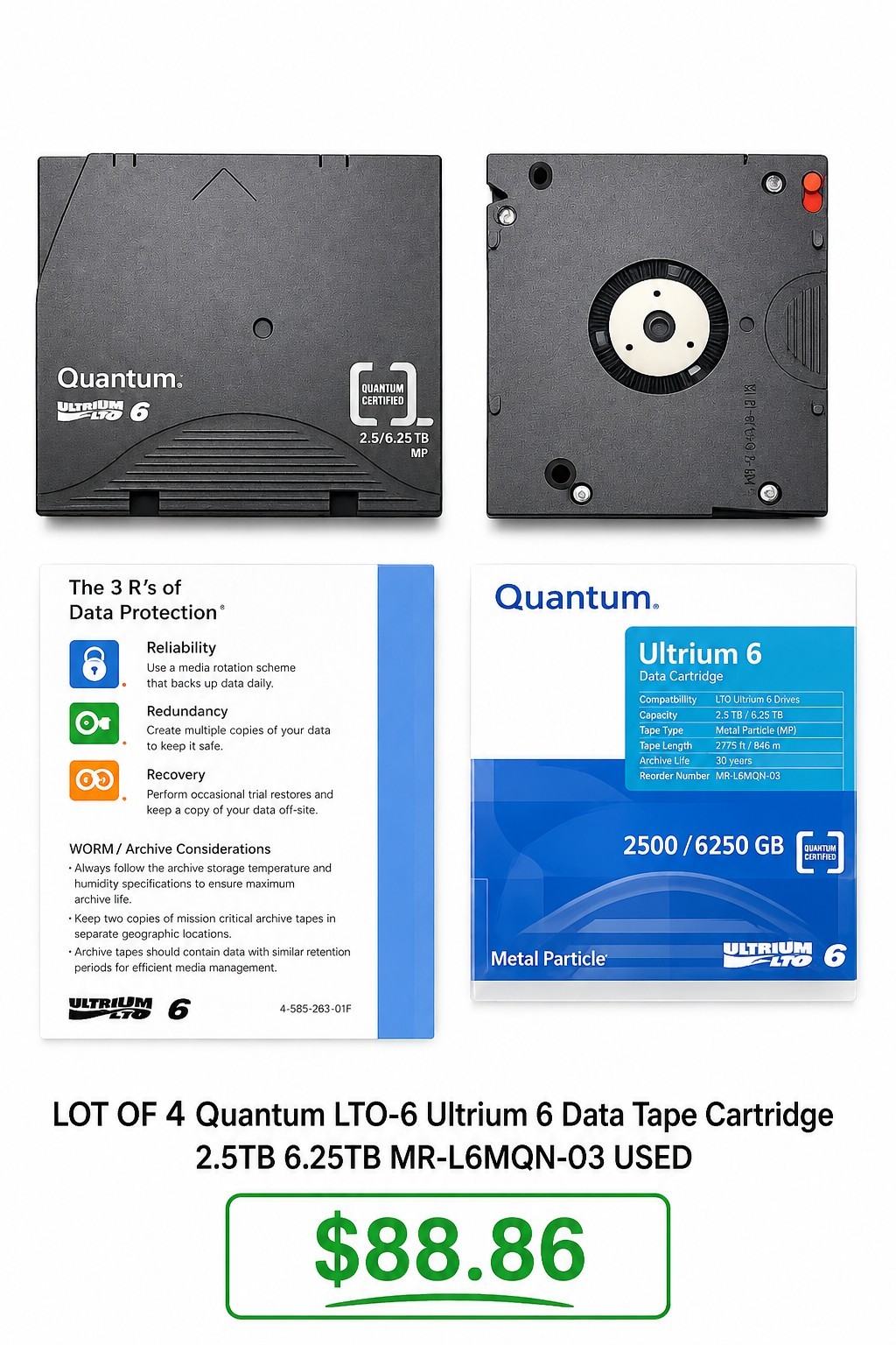 For LOT OF 4 Quantum LTO-6 Ultrium 6 Data Tape Cartridges (MR-L6MQN-03) Used, a 