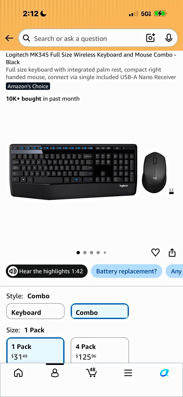 Logitech MK345 Wireless USB Full-Size QWERTY Keyboard Mouse Combo Palm Rest