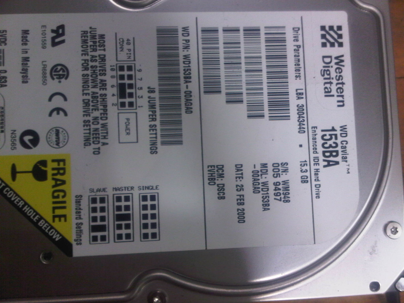 Western Digital WD WD153BA-00AGA0 IDE HARD DISK DRIVE DCM: DSCB EVHB0