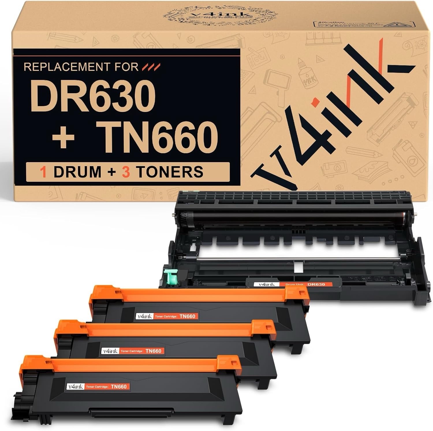 v4ink TN660 DR630 Compatible Toner & Drum Combo Pack Open Box 4 Piece