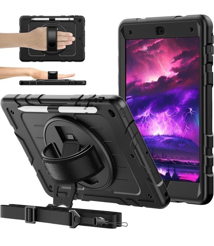 Black Rugged Case For 10.2 Inch iPad 9,8,7 Gen 360° Swivel Hand Strap, Kickstand