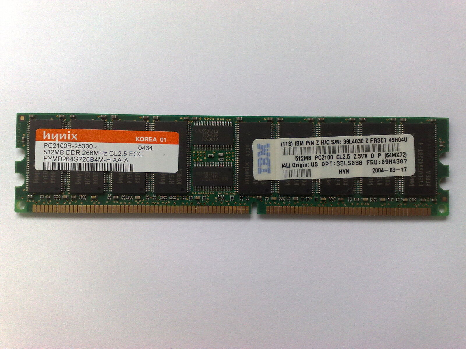 PAIR OF HYNIX HYMD264G726B4M-H 512MB PC2100 CL2.5 ECC IBM 09N4307 - 1GB IN TOTAL
