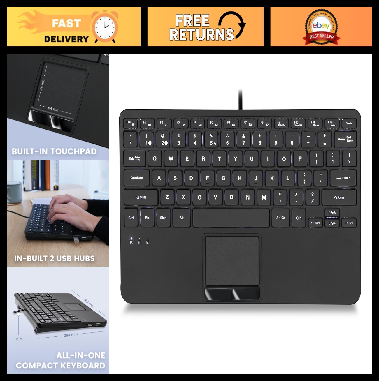 Compact Wired Mini USB Keyboard with Touchpad, Backlit, Scissor Keys, 2 USB Hubs