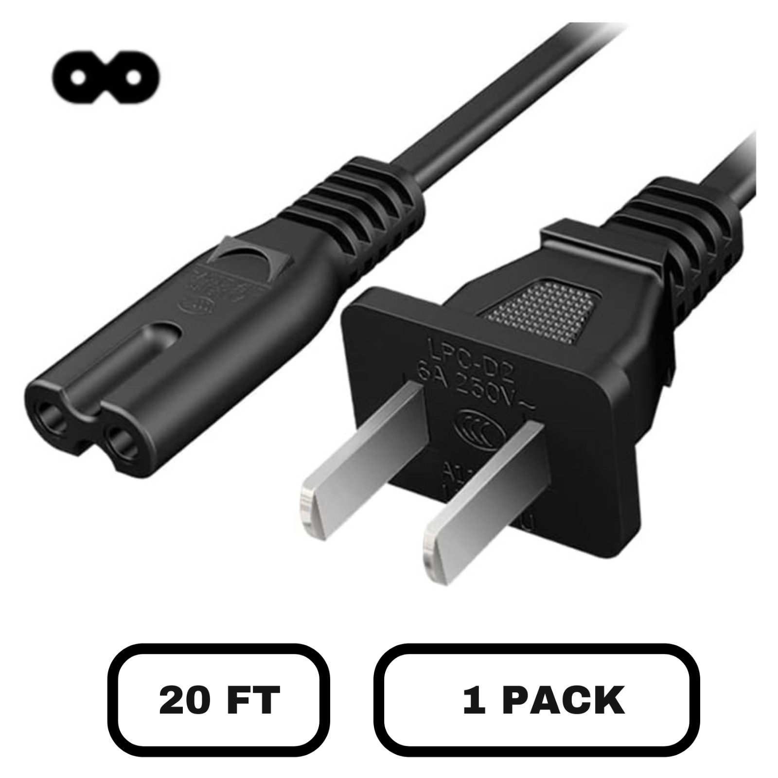 Lot 1-100 US 2 Prong 2 Pin 2-Slot AC Power Cord Cable TV Replacement 20FT Long