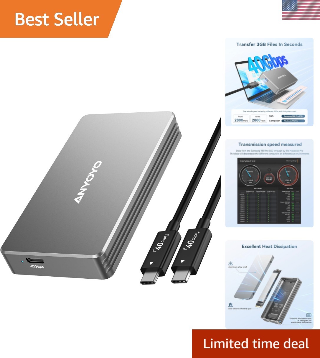 Compact and Tool-Free 40Gbps M.2 NVMe SSD Enclosure with Heat Dissipation Design