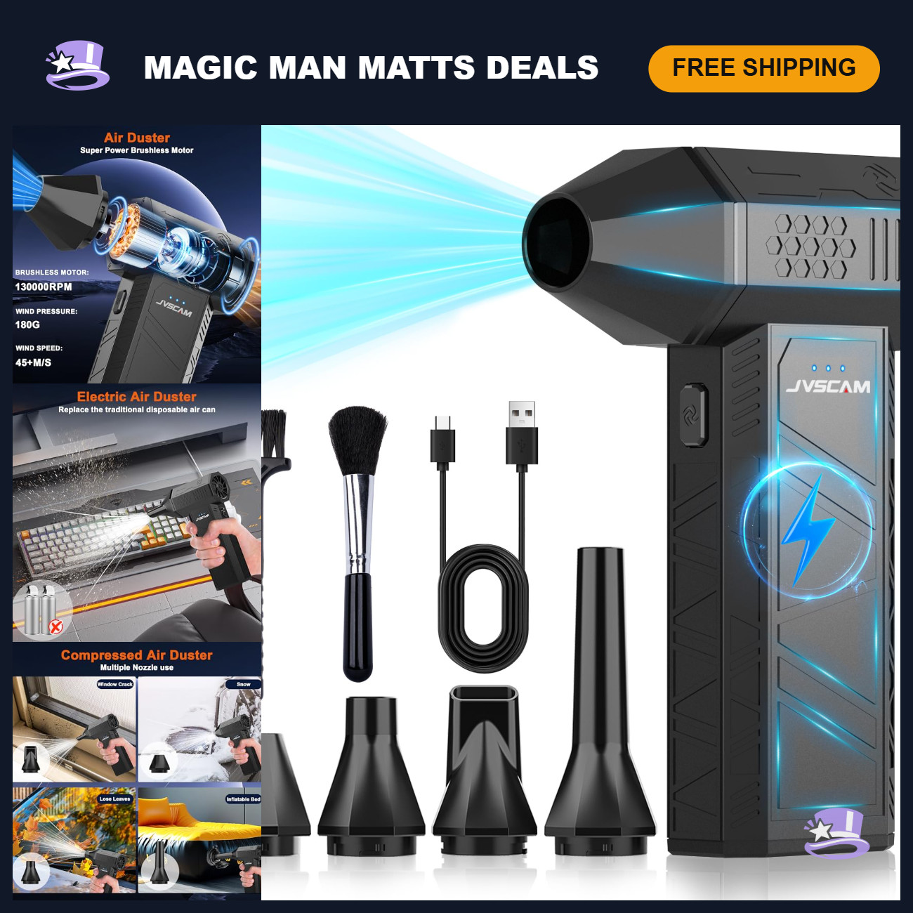 High-Power Compressed Air Duster 130,000 RPM Blower with Brushless Motor & Brush