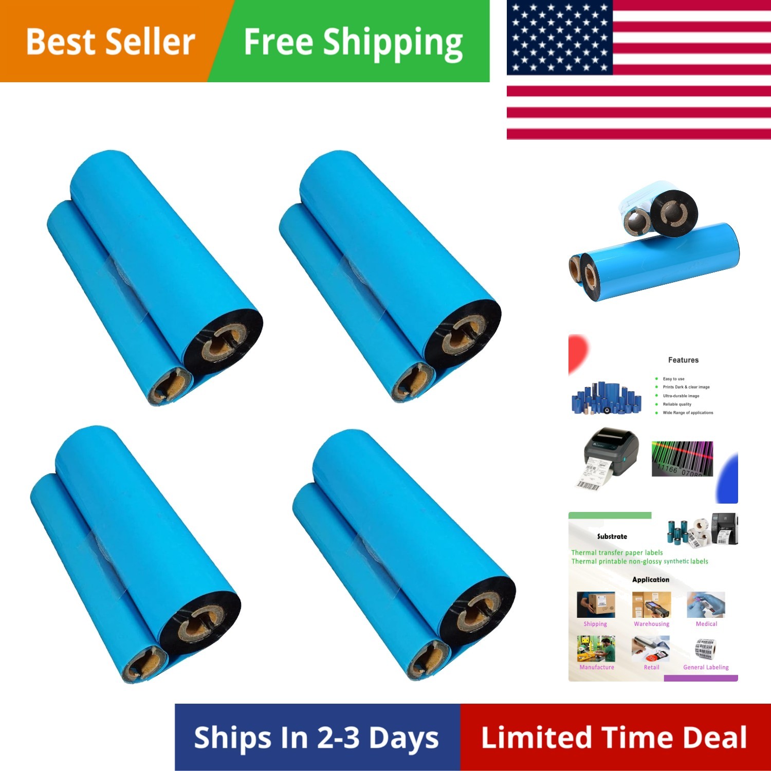 4 Rolls 4.33'' x 244'  Resin Enhanced Wax Ribbon, 110mm x 74m Black Thermal T...