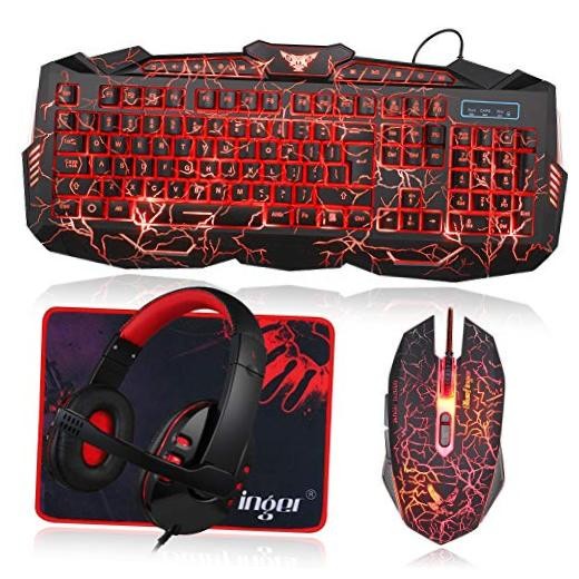 Gaming Keyboard Mouse Headset Combo,USB Wired Crack Backlit Keyboard,114 Keys