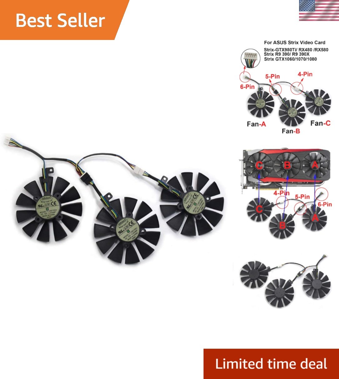 87mm T129215SU Graphics Card Cooling Fan for ASUS Strix /R9390/RX480/RX580 Vi...