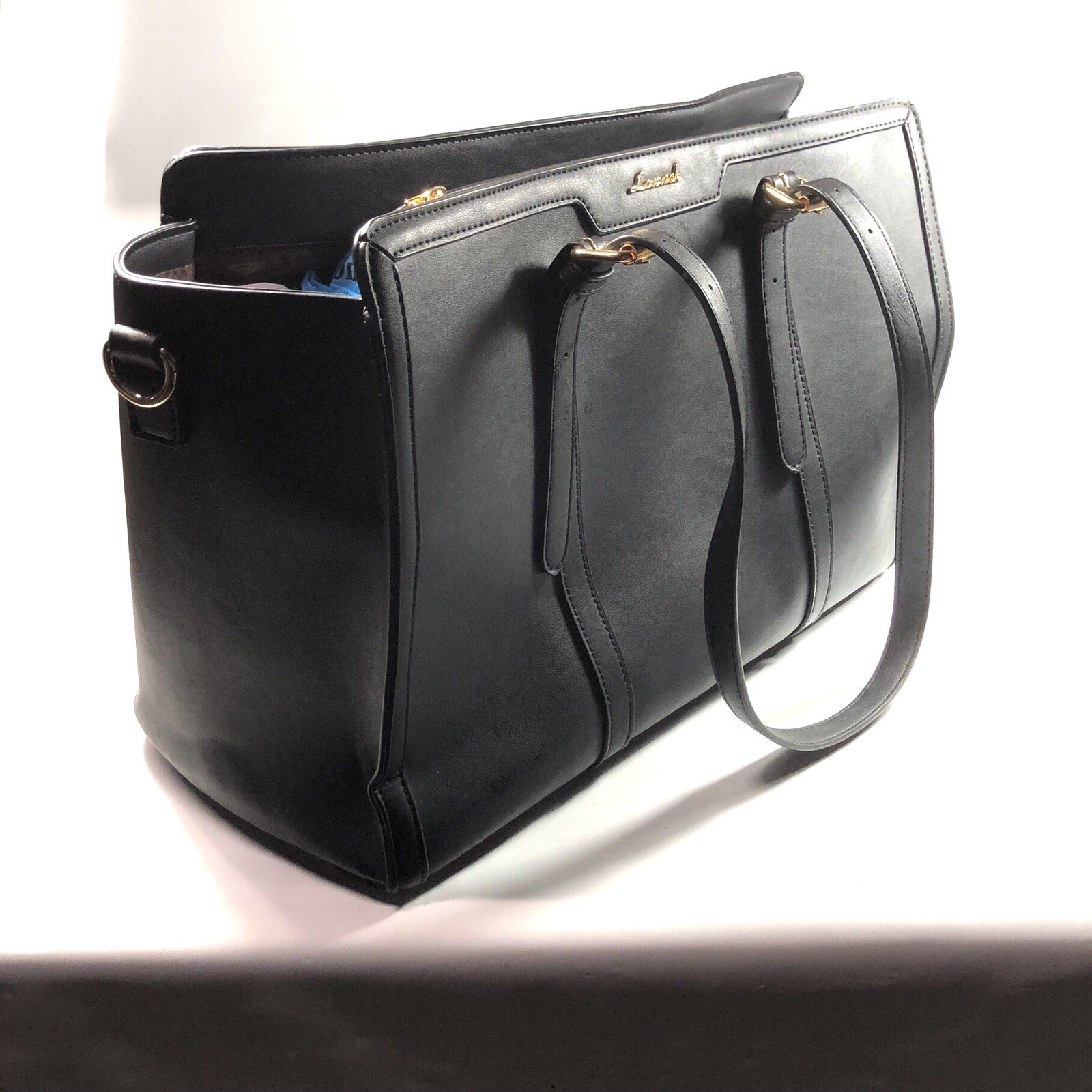 Lovevook Laptop Work Tote Black Handles Dividers Black Leather-look Durable New