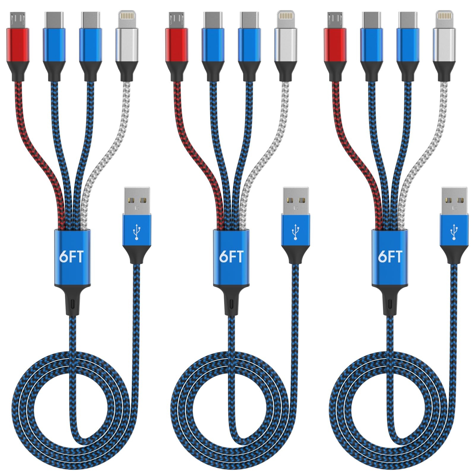 4-in-1 Multi Charging Cable (3-Pack, 6FT) - Dual USB-C, 6 feet, multicolor