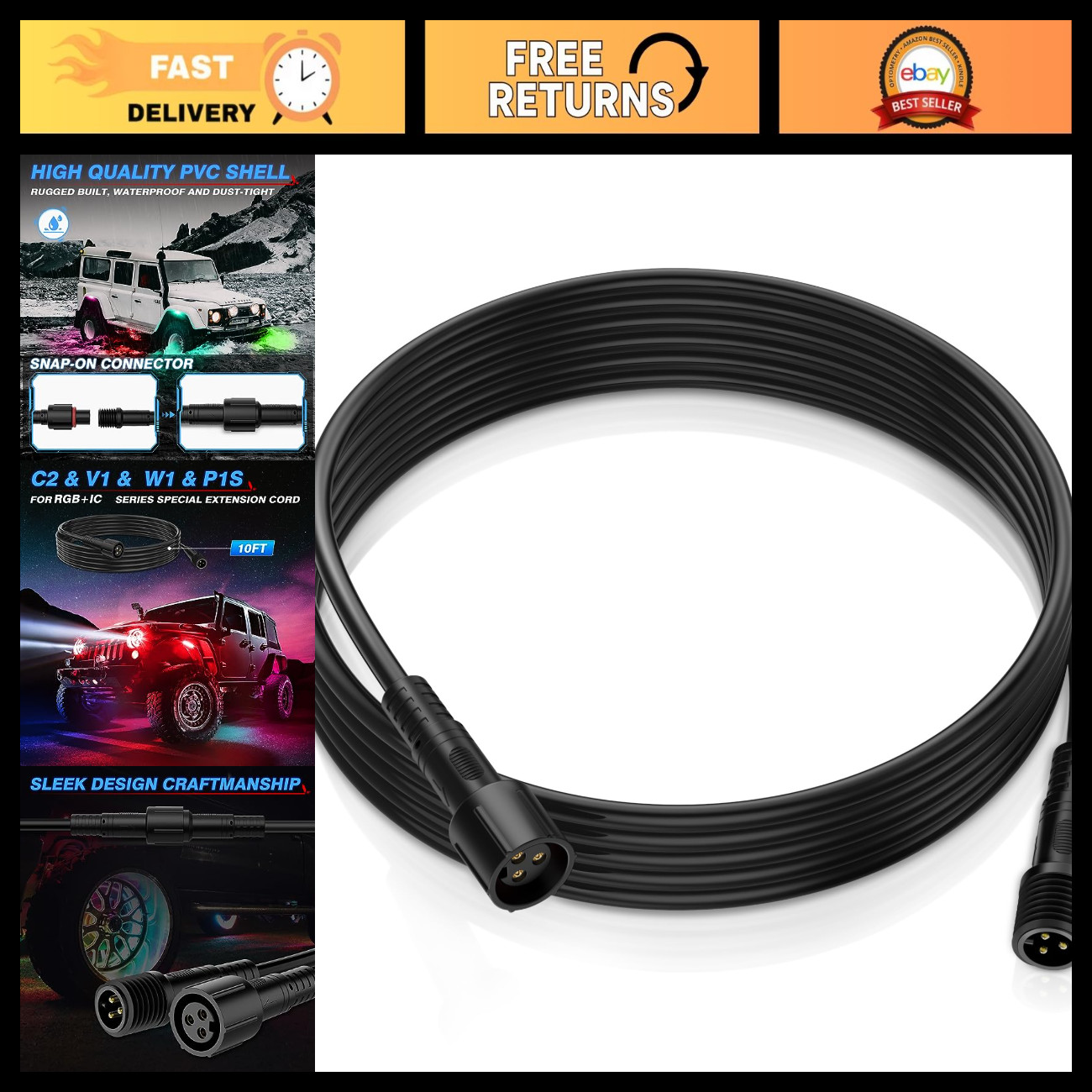 6.56FT 3Pin RGB+IC Extension Wire Cable for RGB LED Strip Lights - 1pc