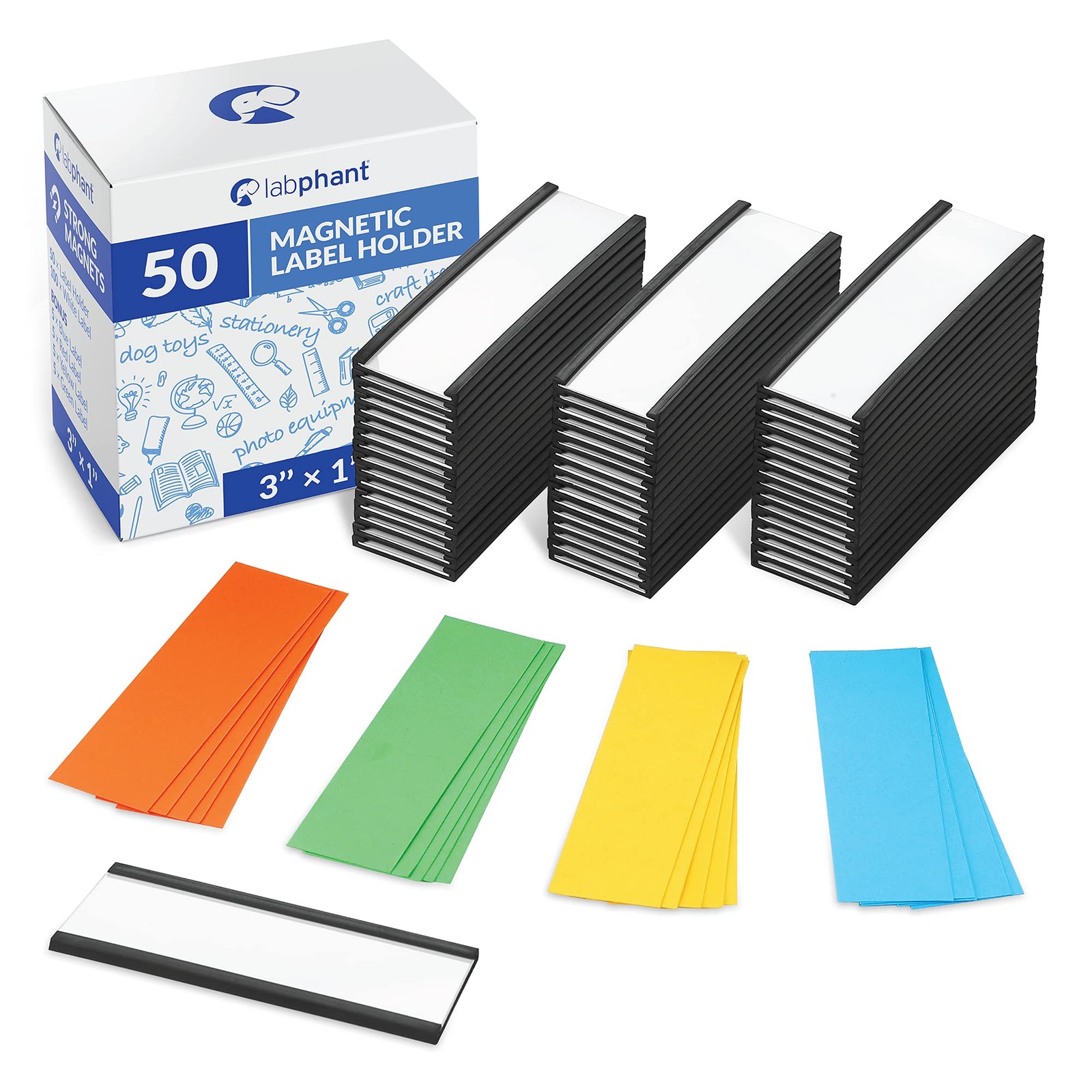 50 Pack "C" Channel Magnetic Label Holders 1x3 with 100 White Card Inserts, 5...