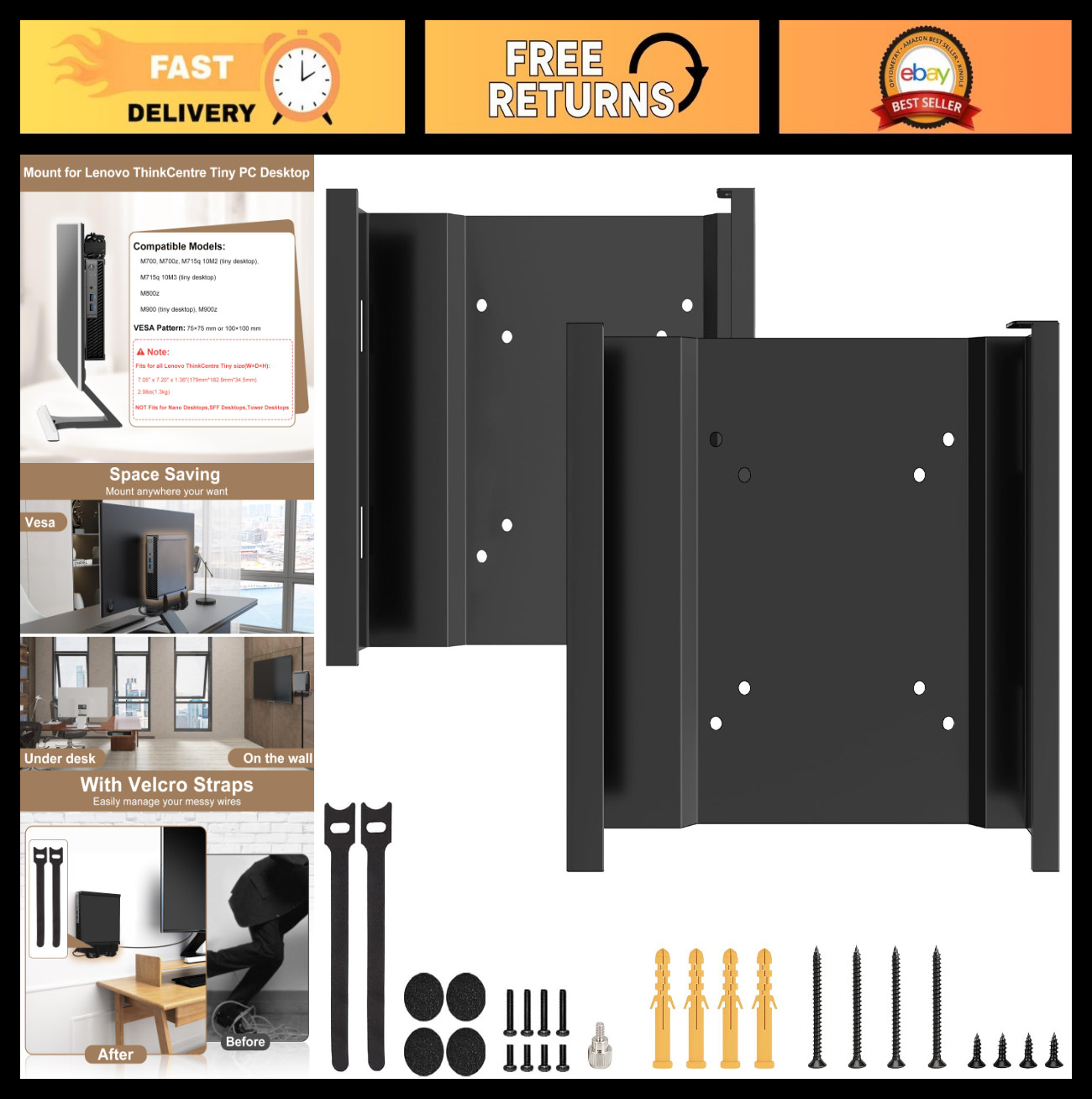 2 Pack VESA Mount Bracket for Mini PC & Lenovo Tiny Desktops - Wall/Under Desk