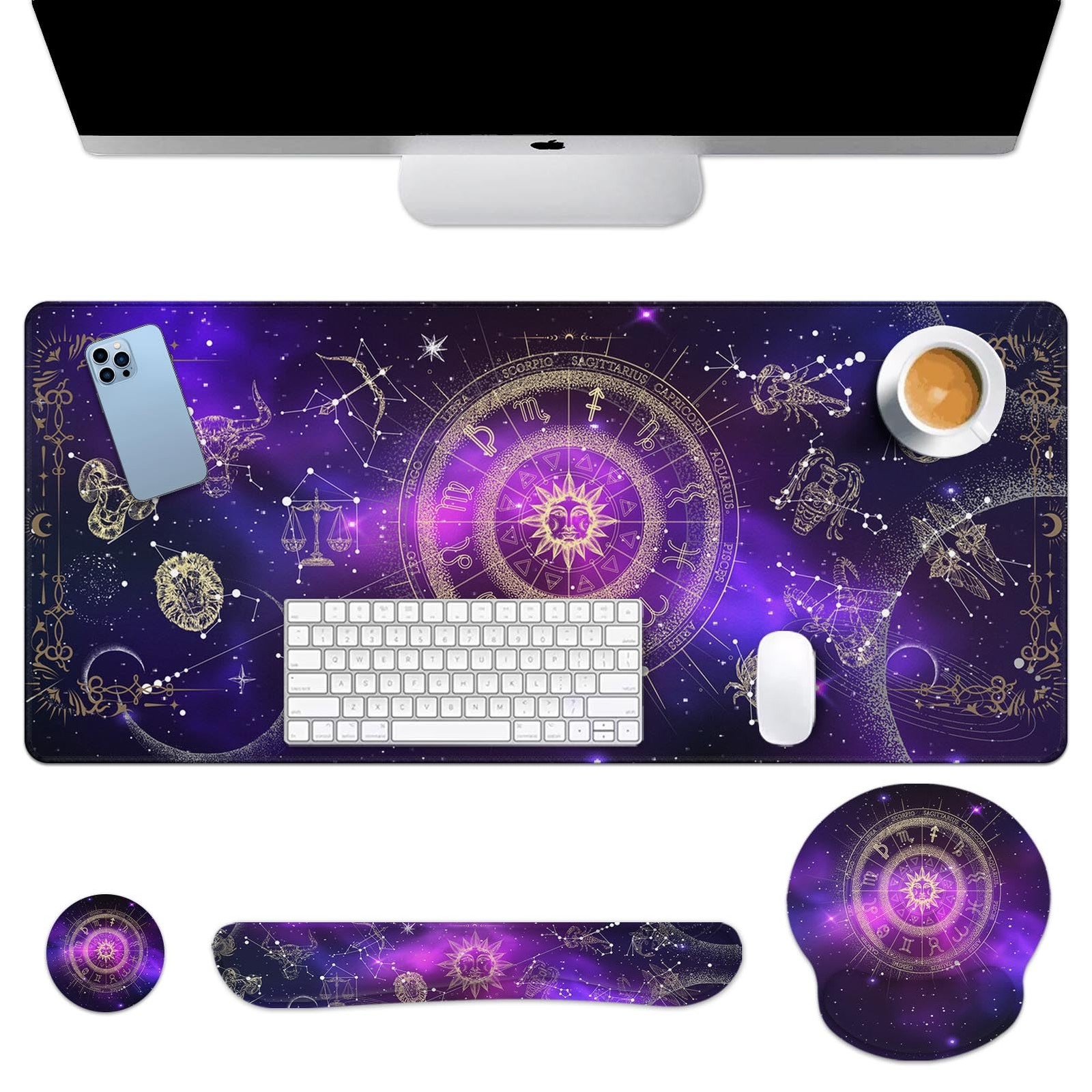 Arttown Sun Space Galaxy Desk Mat Constellation Astrology Mouse Pad Set 4 in 1