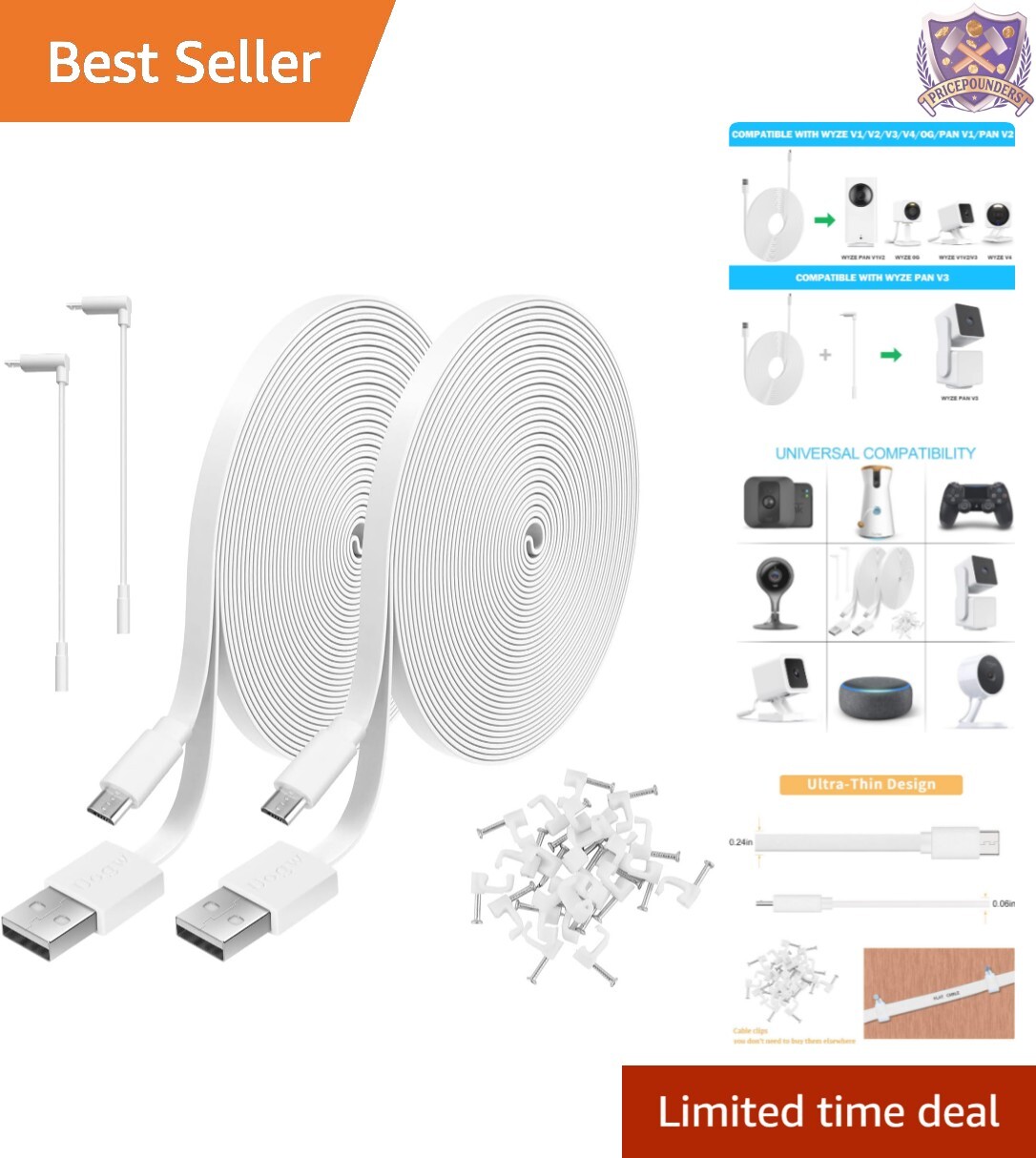 Extra Long 20FT Micro USB Charging Cable Set Compatible with Wyze, Blink & More