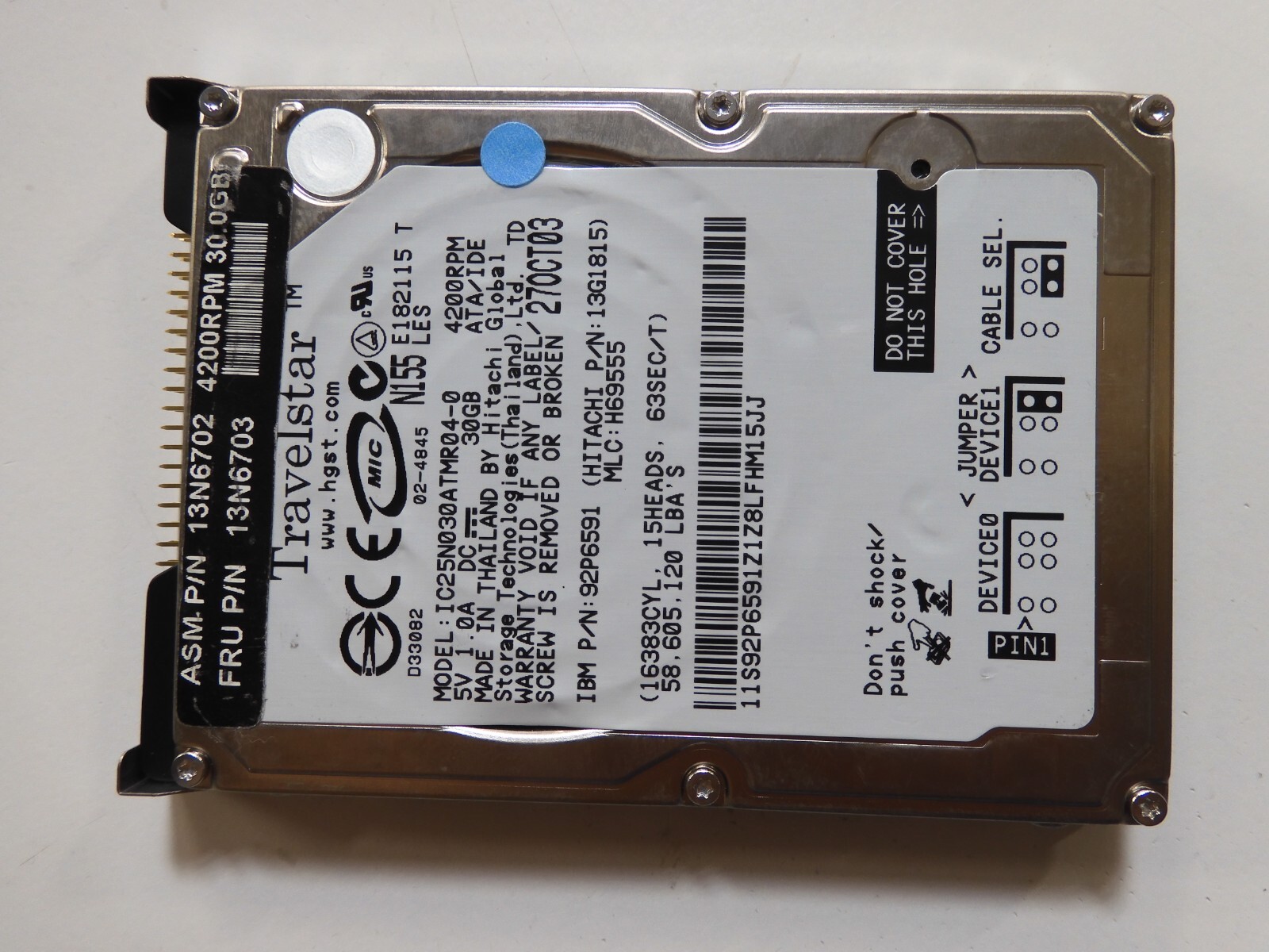 IBM Hitachi 92P6591 IC25N030ATMR04-0 2.5" Travelstar Internal Hard Drive 13G1815