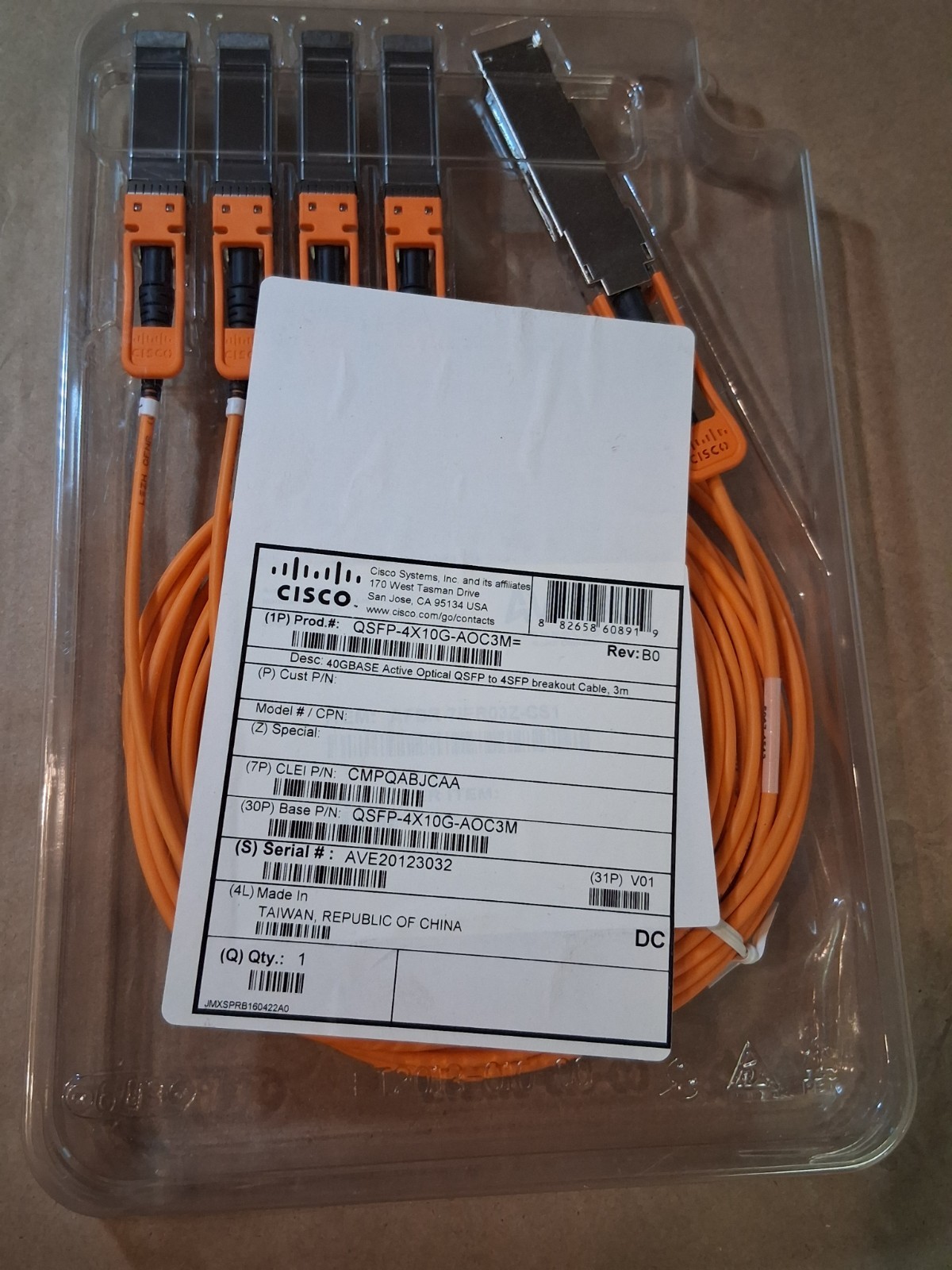 NEW Genuine Cisco QSFP-4X10G-AOC3M 40G Active Optical Cable 3M 10-2933-01