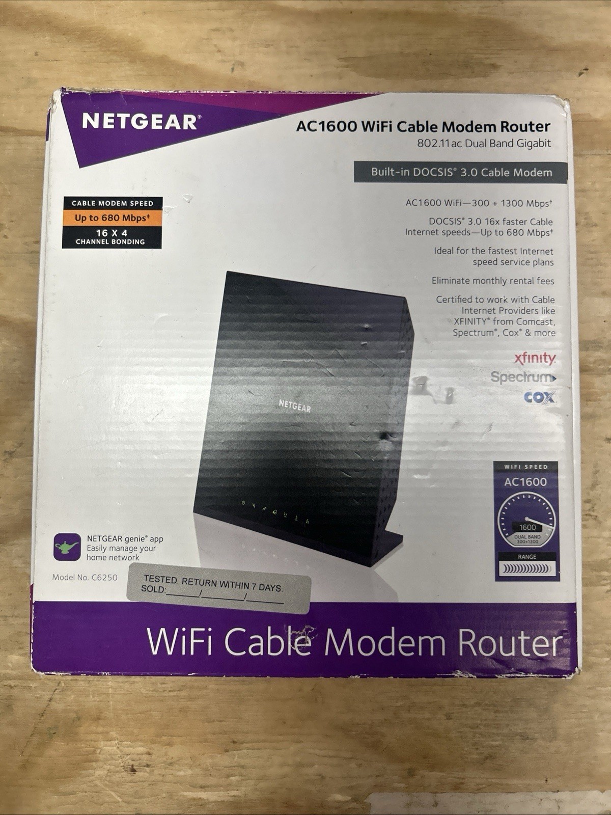 NETGEAR AC1600 C6250 Dual-Band WiFi Cable Modem Router DOCSIS 3.0 680 Mbps 2 LAN