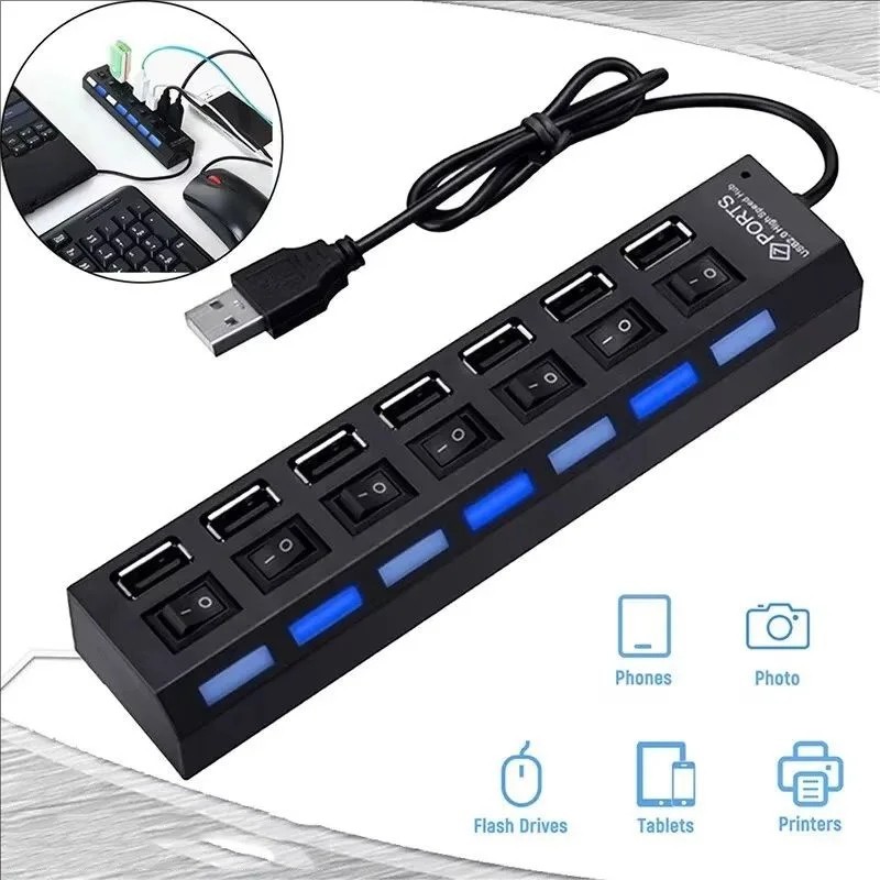 US 7 Port USB 2.0 Hub LED Powered High Speed Splitter Extender Multi Adapter