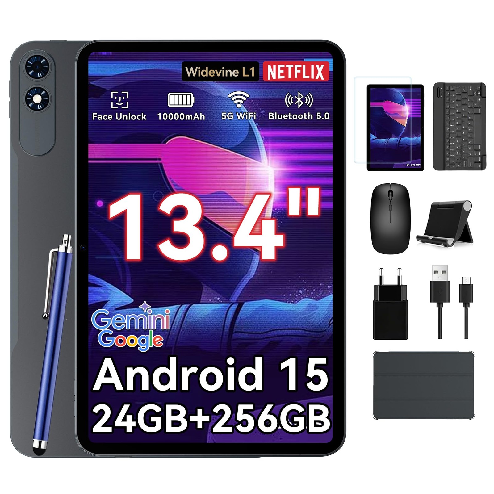 13 Inch Large Tablet,Android 15 Tablets with Gemini AI,24GB RAM+256GB ROM,120Hz,