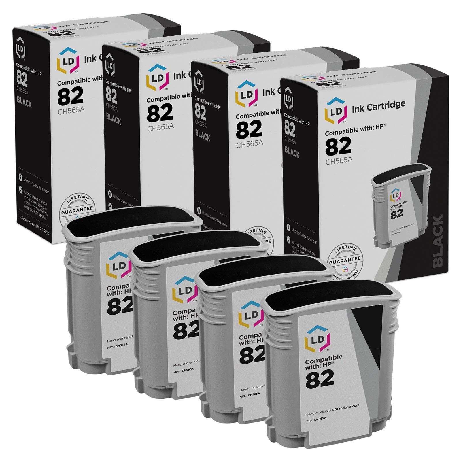 4PK LD Replacement CH565A Compatible with HP 82 Black Ink for Designjet 111