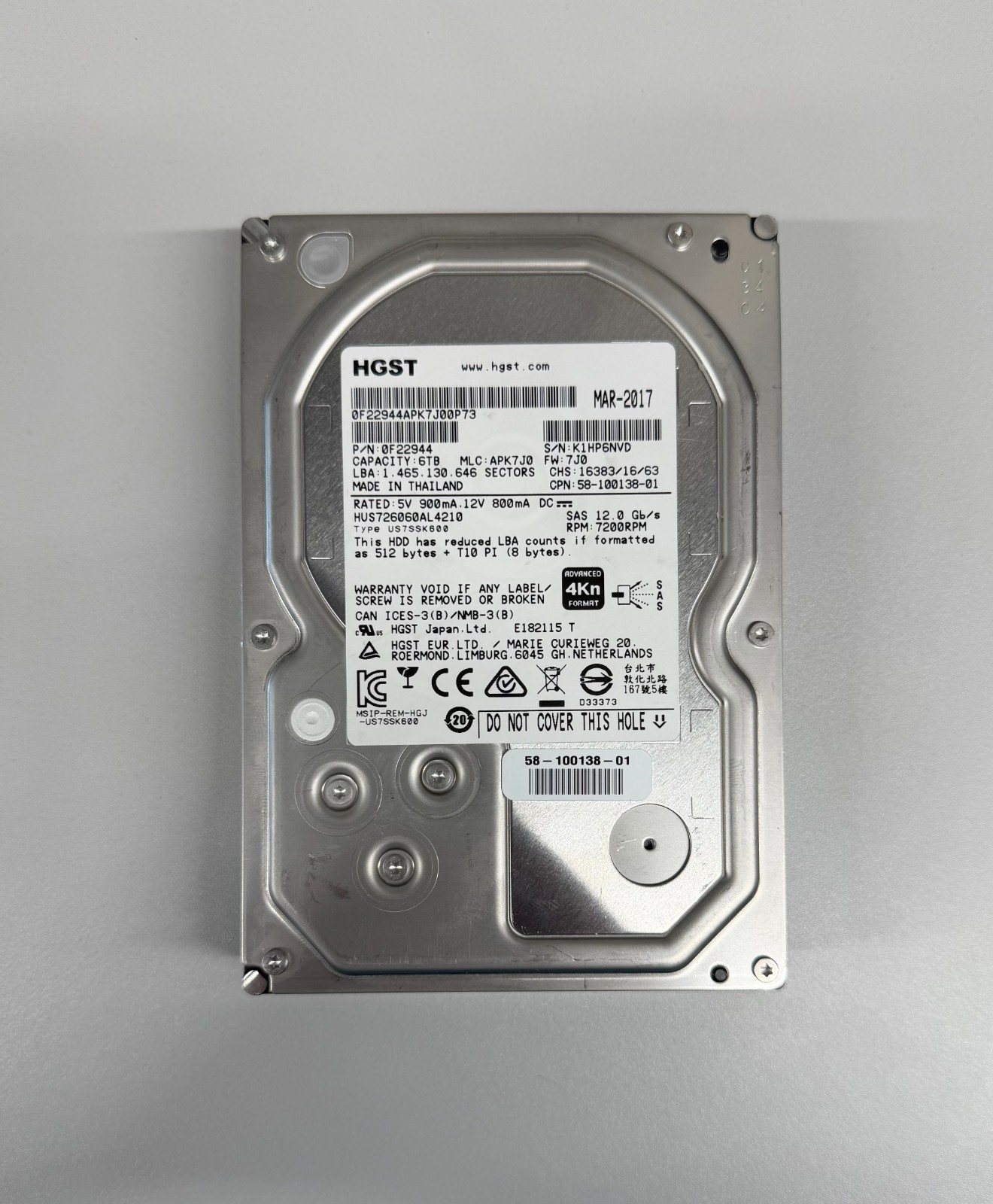 HUS726060AL4210 HGST 6TB 12G SAS 7.2K 3.5" LFF HDD HARD DRIVE 0F22944