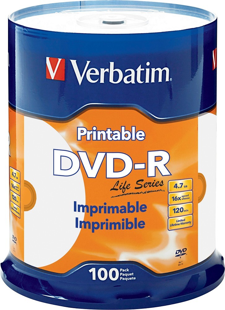 100 VERBATIM Life Series DVD-R 16X 4.7GB White Inkjet Printable Spindle 98491 