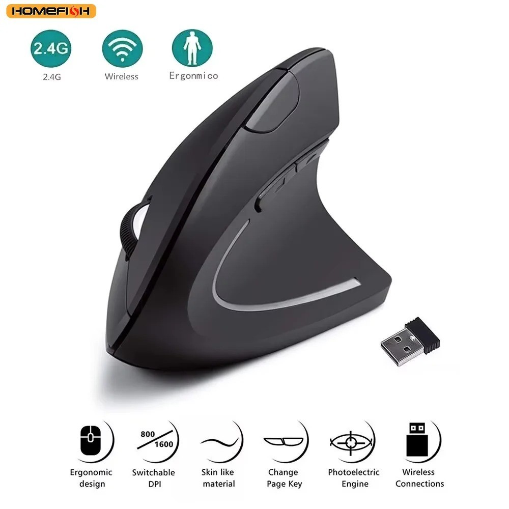 HOMEFISH Vertical Mouse Ergonomic 2.4GHz Wireless Optical Mice 3 Adjustable DPI