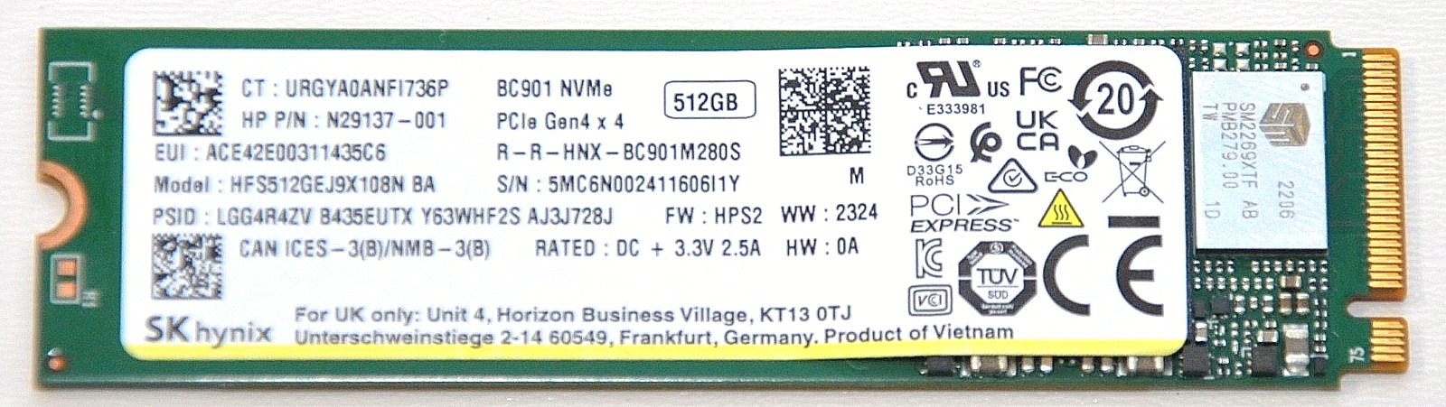 N29137-001, HFS512GEJ9X108N, SK HYNIX / HP 512GB M2 2280 PCie NVME SSD (58116) A