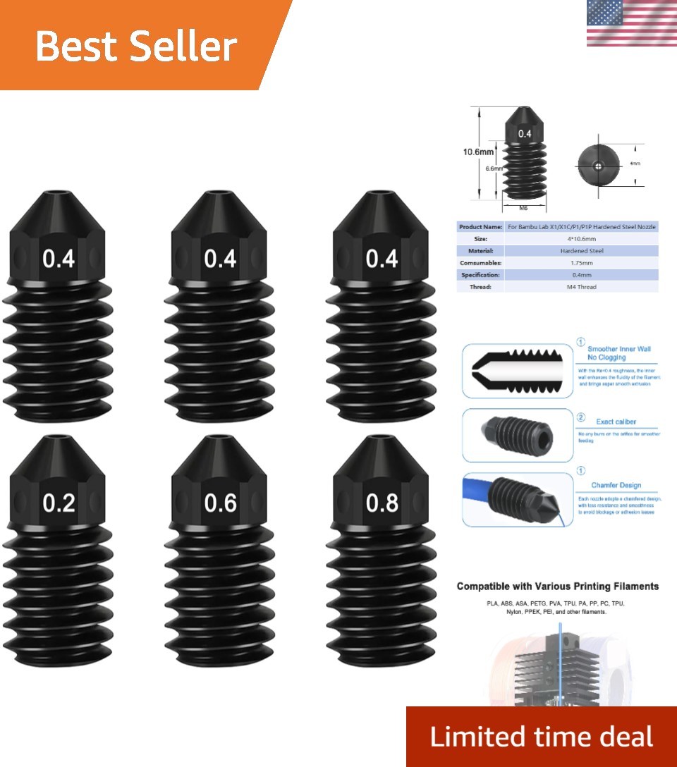 Durable 6Pcs Hardened Steel Nozzle Kit for Bambu Lab X1/X1C/P1S/P1P 3D Printers