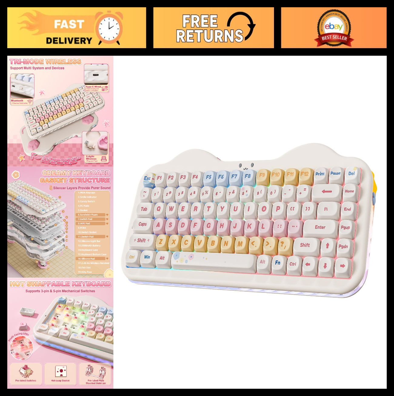 Cute 75% Wireless Mechanical Keyboard - Beige Color, Candy Switch, Compact Desig