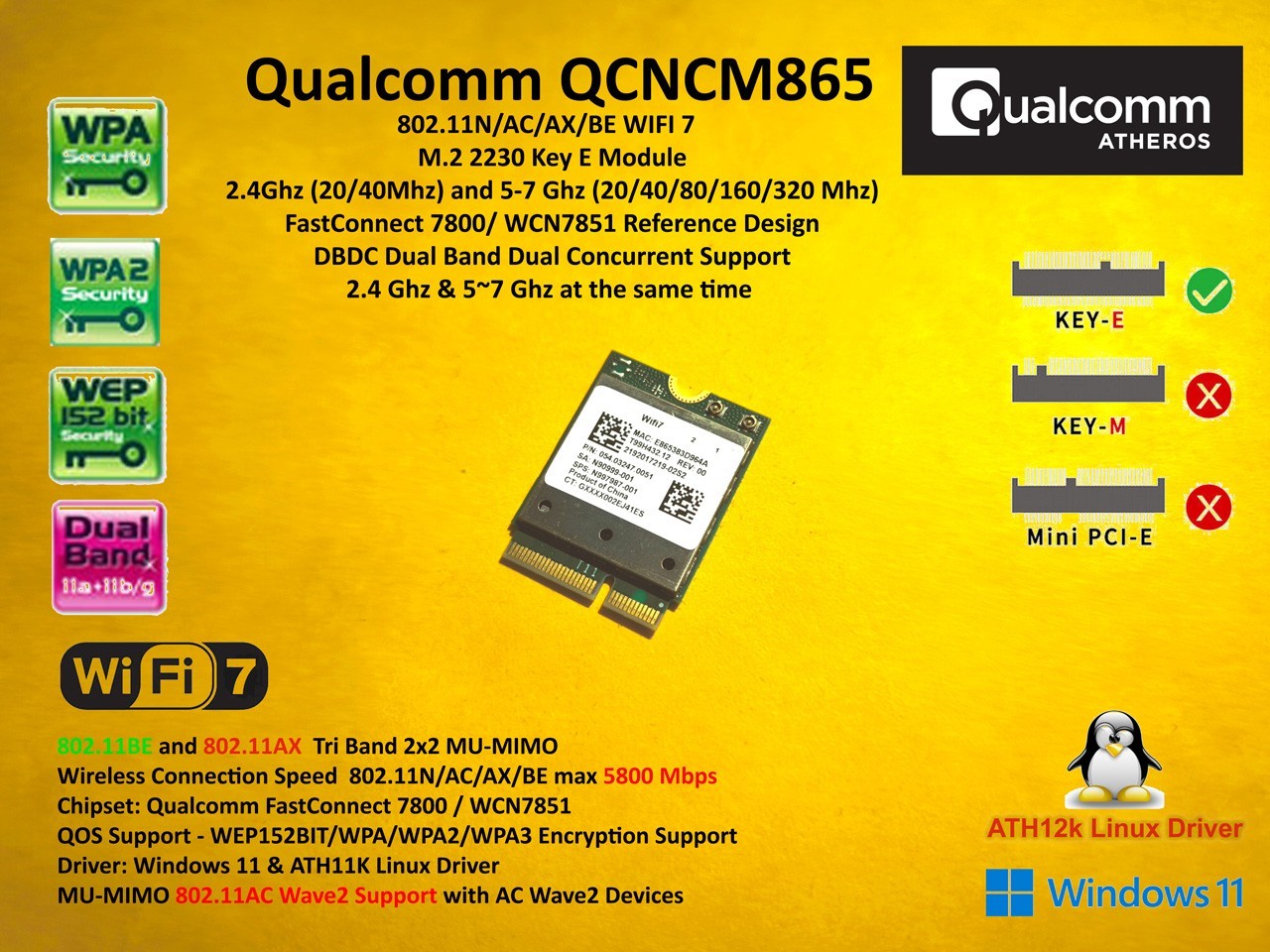 Qualcomm FastConnect 7800 802.11BE WiFi WIFI 7 BE6500 M.2 QCNCM865