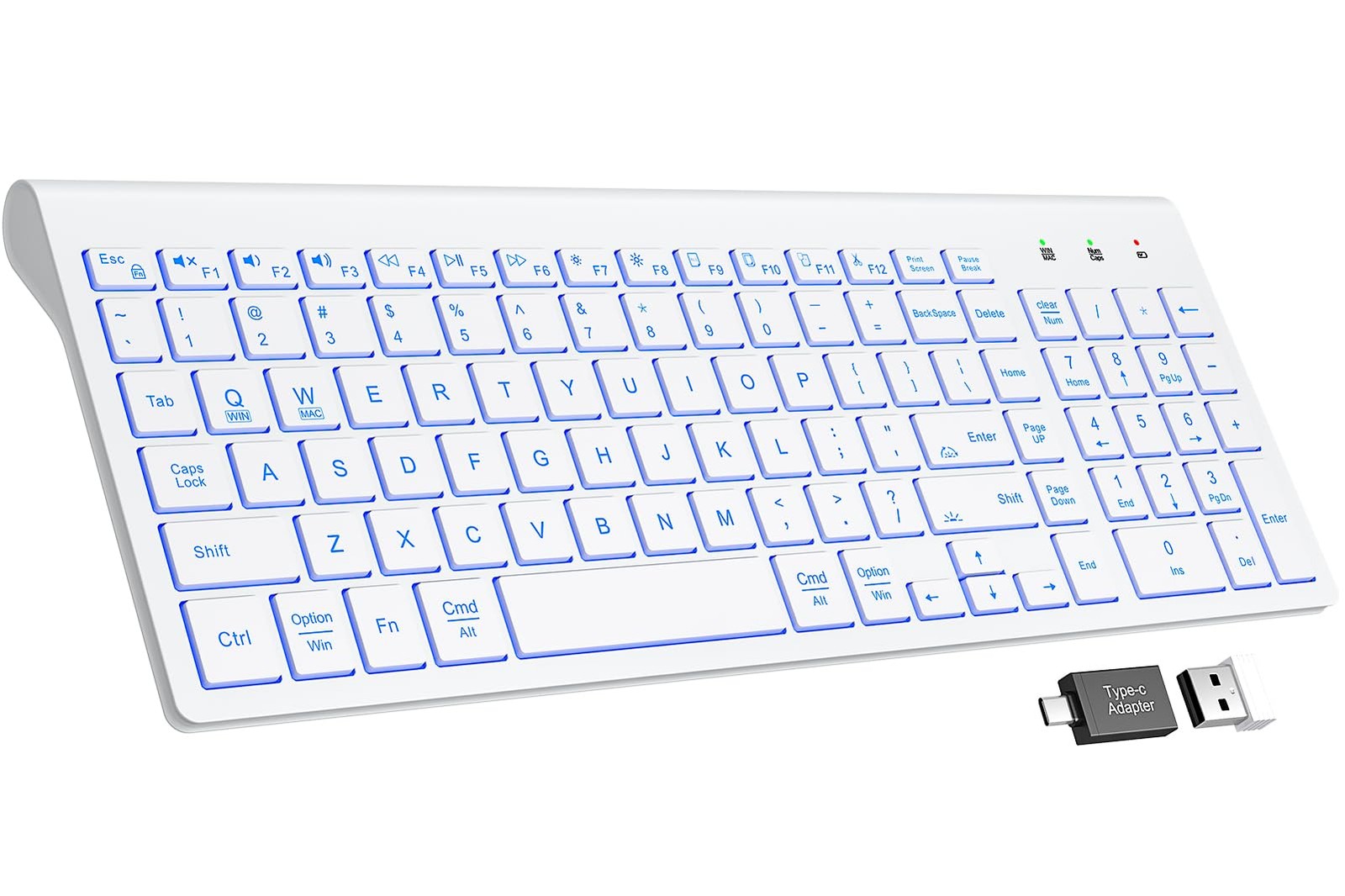 Wireless Silent Compact Keyboard 7 Color Backlit Low Profile Keys White