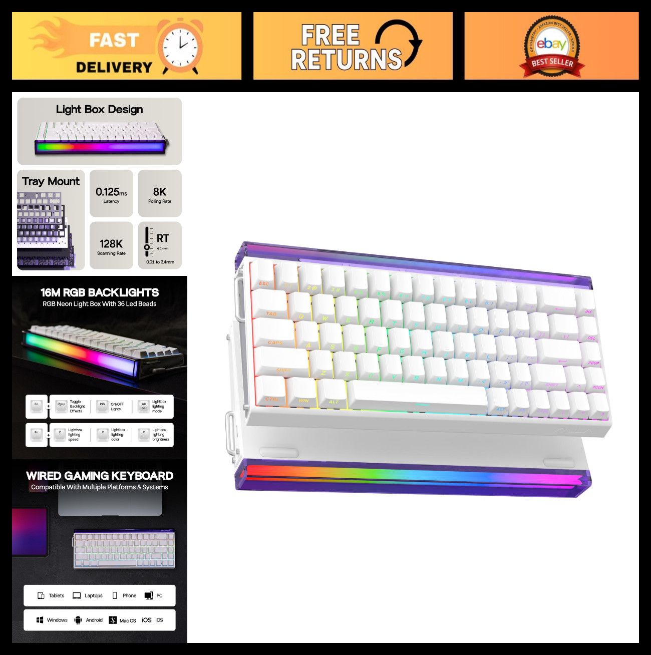 Wired Magnetic Gaming Keyboard - Rapid Hall Effect, 8kHz Polling, RGB Backlit, A