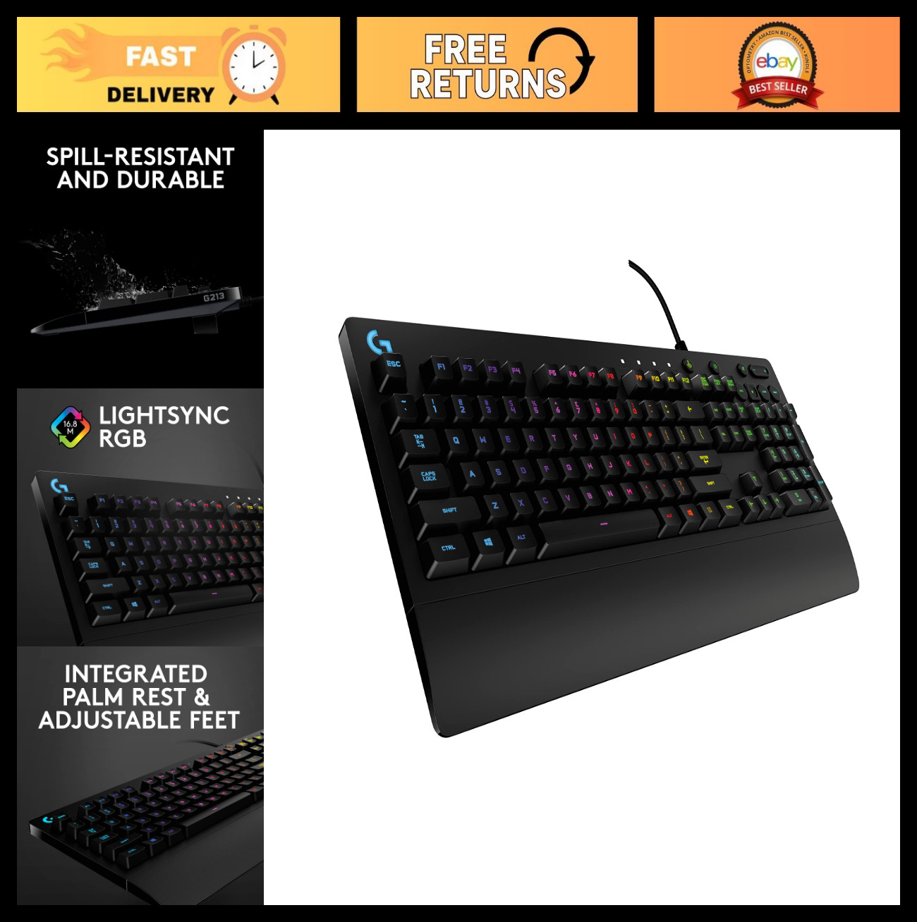Wired RGB Gaming Keyboard - Mech-Dome Keys, Palm Rest, Adjustable Feet, Media Co