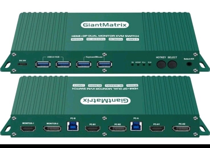 GiantMatrix 8K HDMI Dual  Monitor KVM Switch + 2 HDMI & 1 USBC to A Cable Bundle