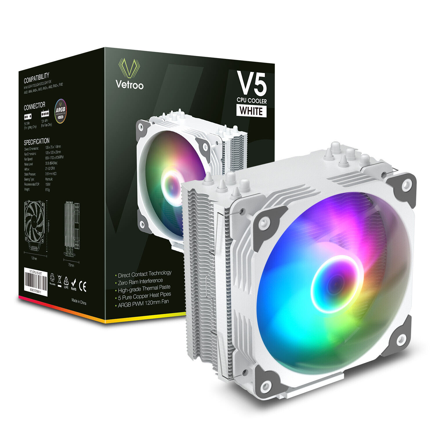 Vetroo V5 White CPU Air Cooler w/ 5 Heat Pipes 120mm PWM Processor Fan AMD/Intel